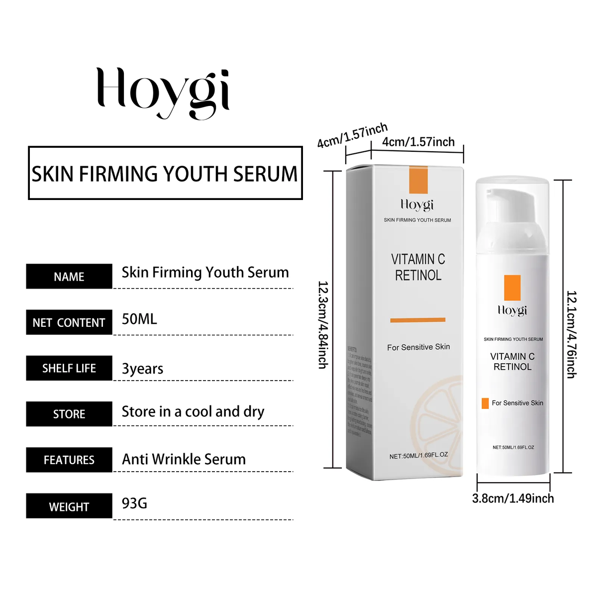 Hoygi 50 ml serum bottle and box with product specifications and dimensions