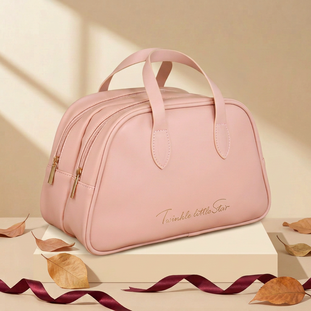 Pink makeup organizer on a warm beige background with a loose burgundy ribbon and autumn leaves.