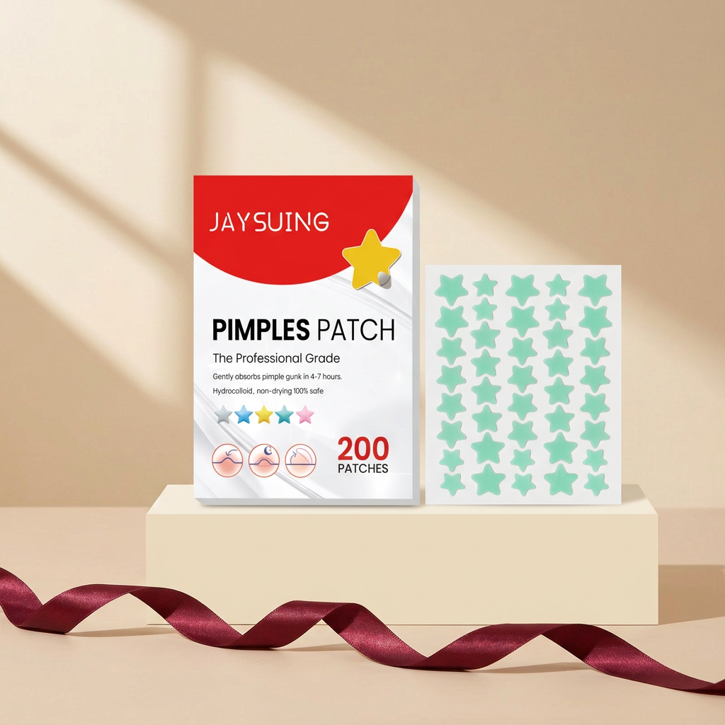 Jaysuing patch box and star patches on a warm beige background with a burgundy ribbon.