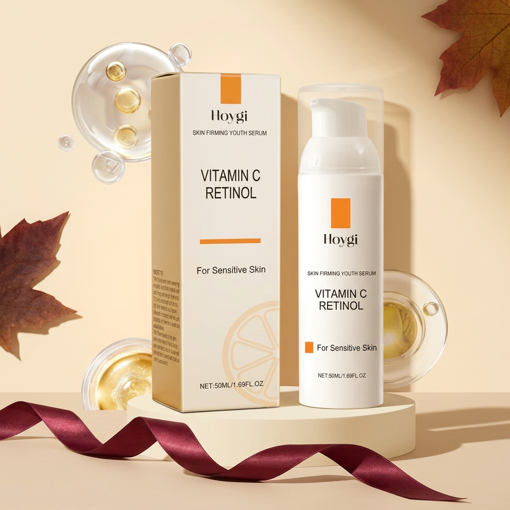 Hoygi Vitamin C and Retinol serum with a loose burgundy ribbon on a warm beige surface.